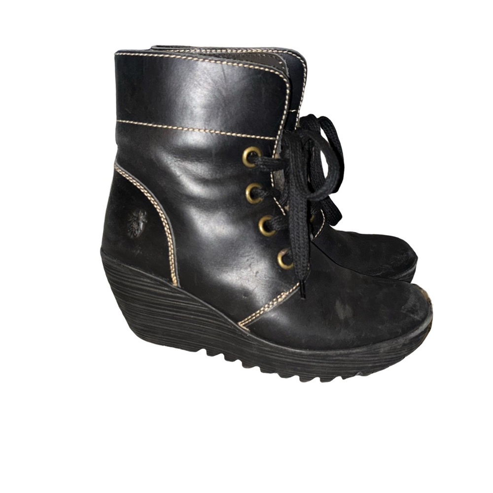 Fly London Ankle Wedge Boots Lace Up black Leather - Picture 3 of 11